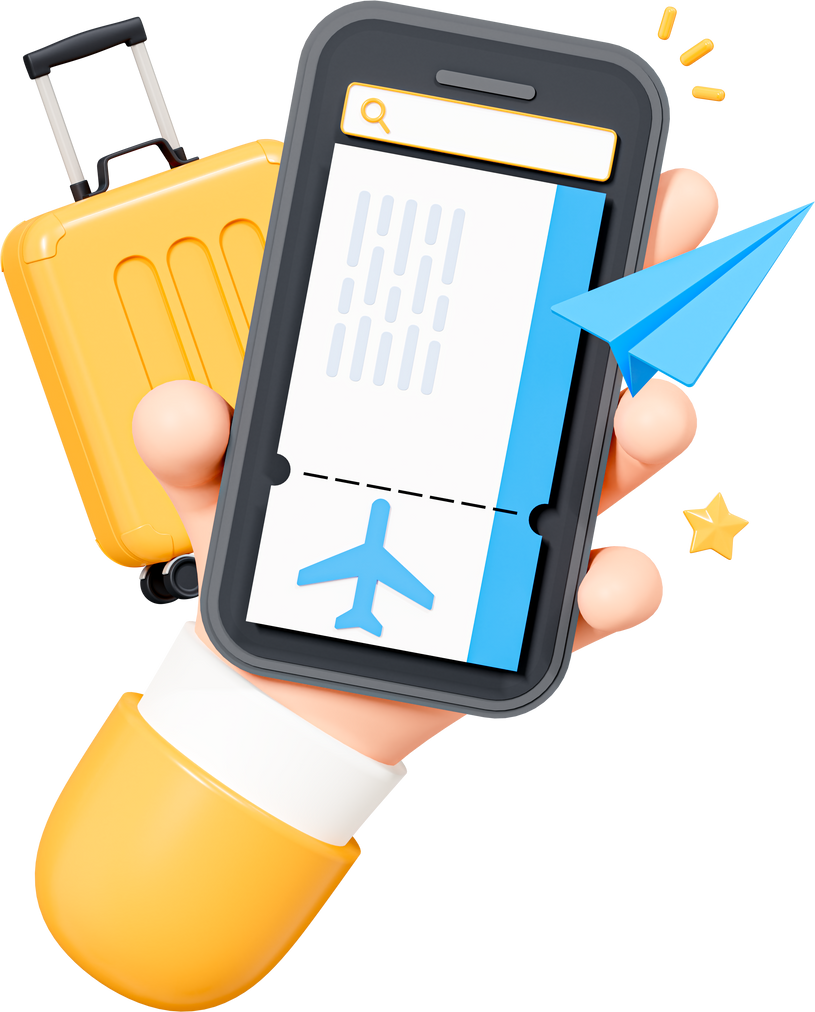 3D Hand holding phone with online booking flight tickets